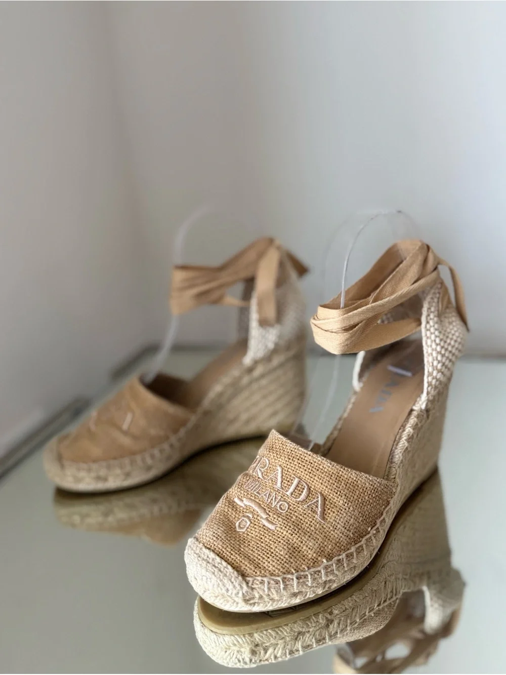 Prada Canvas Espadrille Wedge Tie-Ankle Shoes $850 36